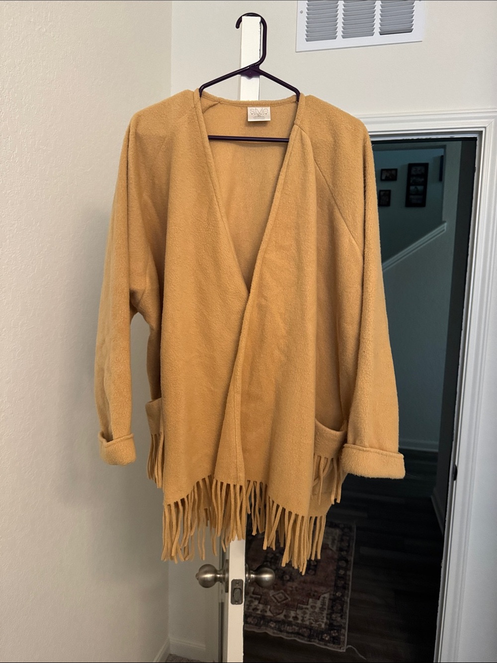 Fringed Open-Front Poncho Cardigan in Mustard